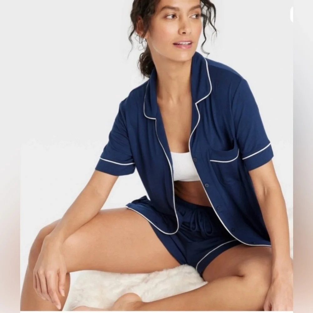 Auden Cloud Soft Navy Notch Collar Button Down Sleepwear Set NWT - Picture 3 of 9